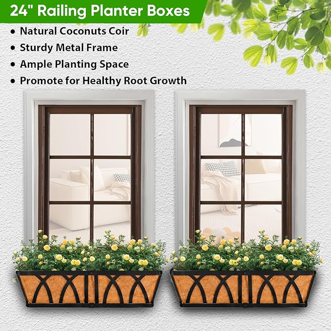 HKZ Deck Balcony Railing Planter Window Boxes - 4 Pack 24 Inch Planter Box, Balcony Planters Railing Hanging, Window Boxes Outdoor Fence Planters