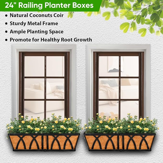 HKZ Deck Balcony Railing Planter Window Boxes - 2 Pack 24 Inch Planter Box, Balcony Planters Railing Hanging, Window Boxes Outdoor Fence Planters
