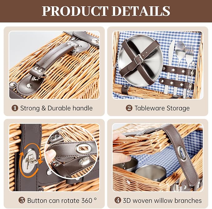 Picnic Basket Set for 2, Wicker Picnic Baskets with Waterproof Blanket and Cutlery Service Kit, Willow Hamper for Camping, Outdoors, Valentine's Day, Christmas, Birthday, Wedding Gift