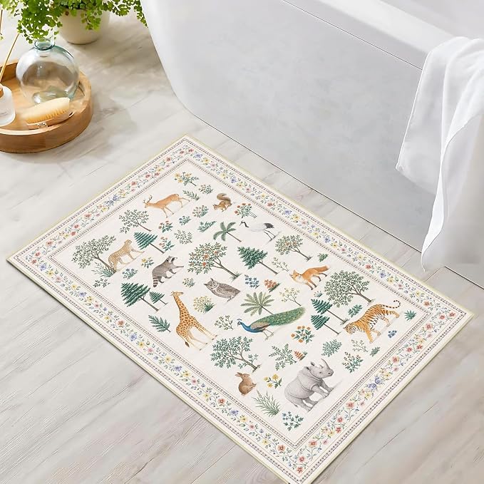 Jungle Animal Print Rug 2x3 for Entryway Wild Zoo Animals Forest Area Rugs Machine Washable Rug Non Slip Print Low Pile Indoor Front Door Mat for Kids Room Nursery Bathroom Playroom Kitchen,Beige