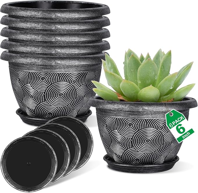 6-Inch-Plastic -Pots-for -Plant with Saucer, 6 Pack Outdoor Planters with Drainage Holes, Decorative Small Flower Pots for Indoor Plants, Modern 3D Swirl Silver Plant Pots with with Removable Tray