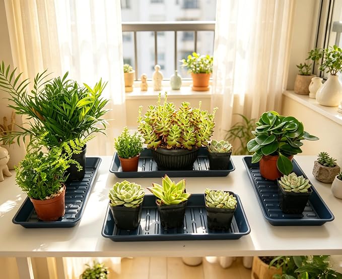 4 Pack Plastic Plant Tray Saucer Rectangular 17 18 Inch, Planter Trays Saucers for Indoor Outdoor, Plant Water Drip Trays, Windowsill, 7.7 x 17.5 Inches, Blue