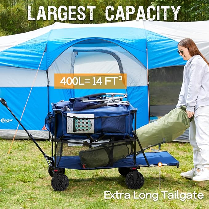 Portal Collapsible Double Decker Wagon Folding Utility Cart with Tailgate, Beach Wagons with Big Wheels, 660LB Heavy Duty Foldable Wagon 14 FT³ Large Capacity for Camping, Sports, Garden