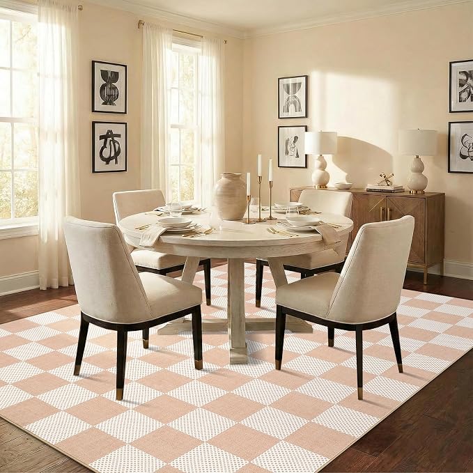 GarveeHome Checkered Blush Beige 8x10 Washable Rug Low-Pile Bedroom Nursery | Non-Slip Blush Beige Soft Stain Resistant Rug for Bedroom Bathroom Living Room Geometric Modern Rug TPE Backing