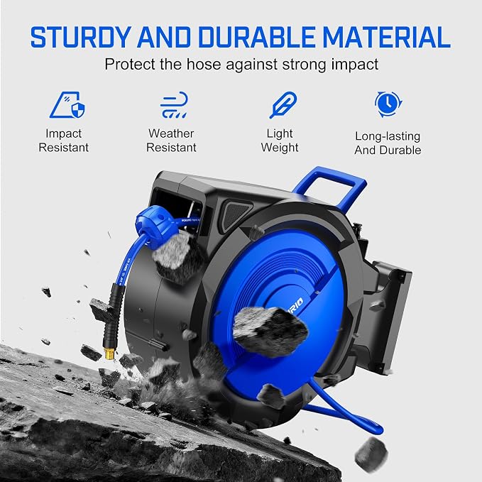 120FT+6.5FT Retractable Air Hose Reel, 5/16" Hybrid Air Hose, Air Compressor Hose Reel with Max 300 PSI Patented Design, Retractable Auto-Rewind Enclosed Heavy Duty 180° Swivel Mount