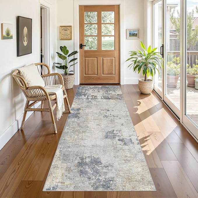 UERMEI 3x8 Washable Runner Rug for Hallway, Non Slip Low Pile Kitchen Carpet, Neutral Modern Abstract Indoor Floor Mat for Entryway Laundry, Kid & Pet Safe High Traffic Area, Blue Grey
