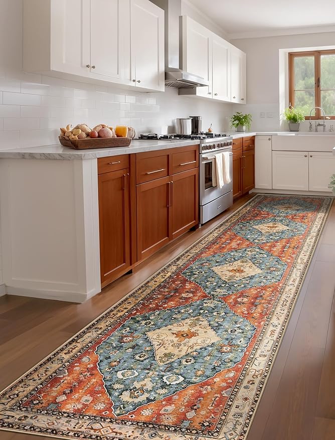SERISSA 2'6"x12' Washable Non Slip Boho Runner Rug for Hallway | Ultra Soft Vintage Oriental Carpet Low-Pile Tribal Floor Carpet for Kitchen Bedroom Entryway Bathroom Laundry Room