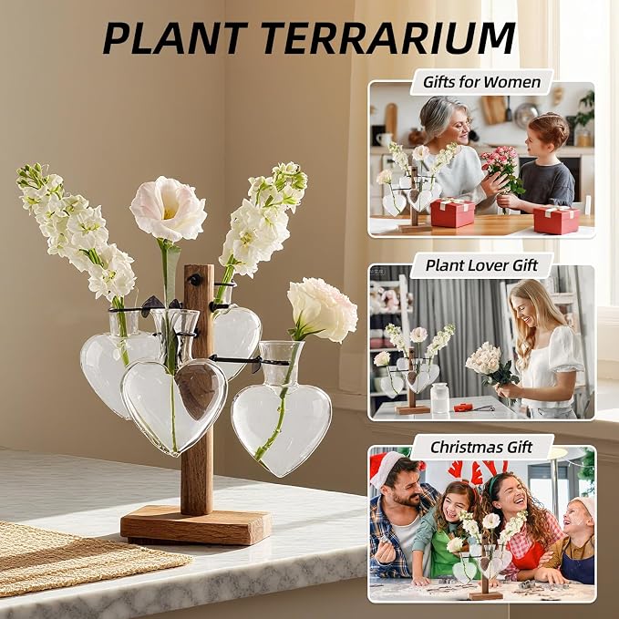 Plant Propagation Station Whith Acacia Wood Stand, 4 Heart Glass Vases | Propagation Vases for Plants，Plant Stand Indoor，Birthday Gifts for Women,Gifts for Plant Lovers，Home Decor