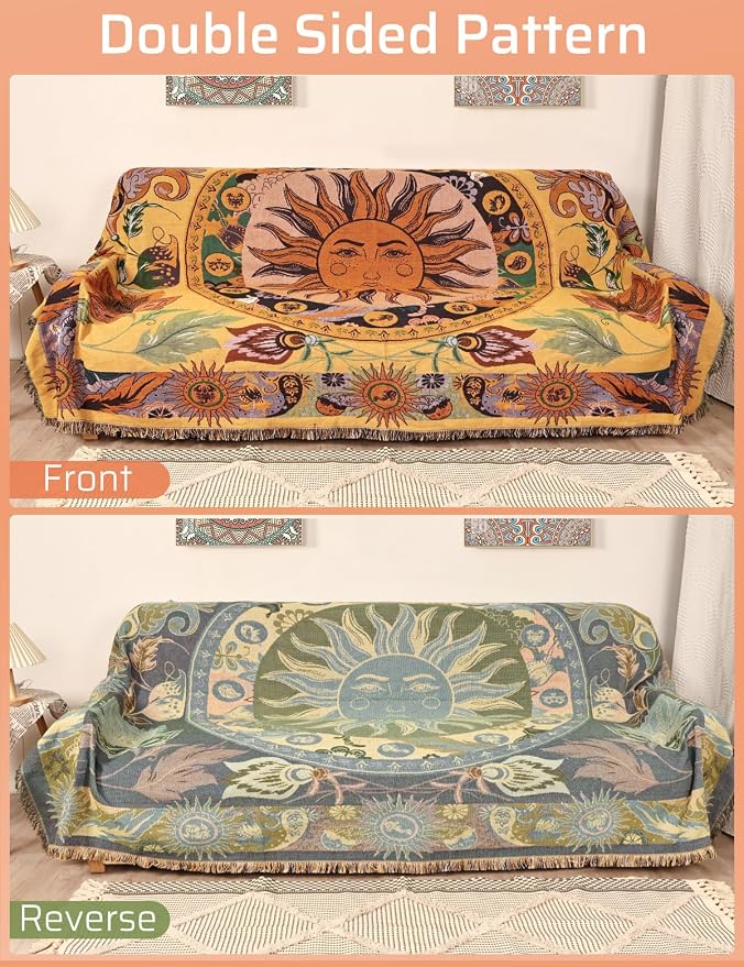 Boho Throw Blanket for Bed Couch Sofa Reversible Cotton Bohemian Travel Boho QuiltMexican Muslin Blanket Tapestry Hippie Room Decor Outdoor Blanket Double Sided (Sun Pattern Yellow 70"x90")
