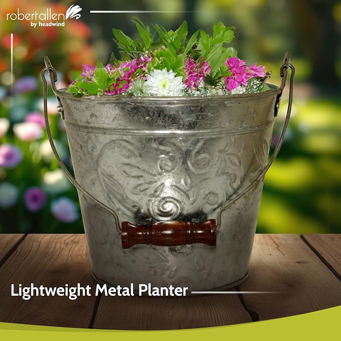 Headwind Vintage Collection - Floral Galvanized Planter with Handles – 12 Inch Flower Pots Decorative Plant Indoor – Plant Pots Indoor with Drainage By Robert Allen