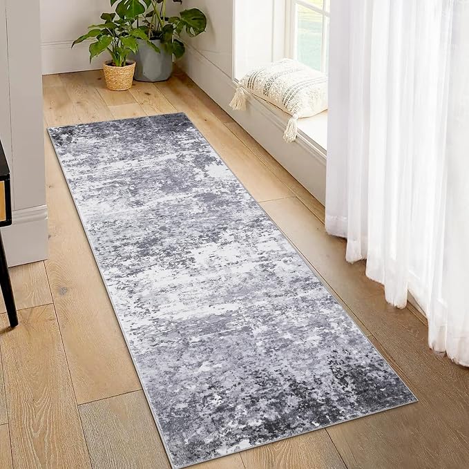 ROYHOME 2x6 Modern Abstract Runner Rug, Light Grey | Non Slip Soft Rug Stain Resistant Rugs Low Pile Non Shed Machine Washable for Hallway Kitchen Bathroom