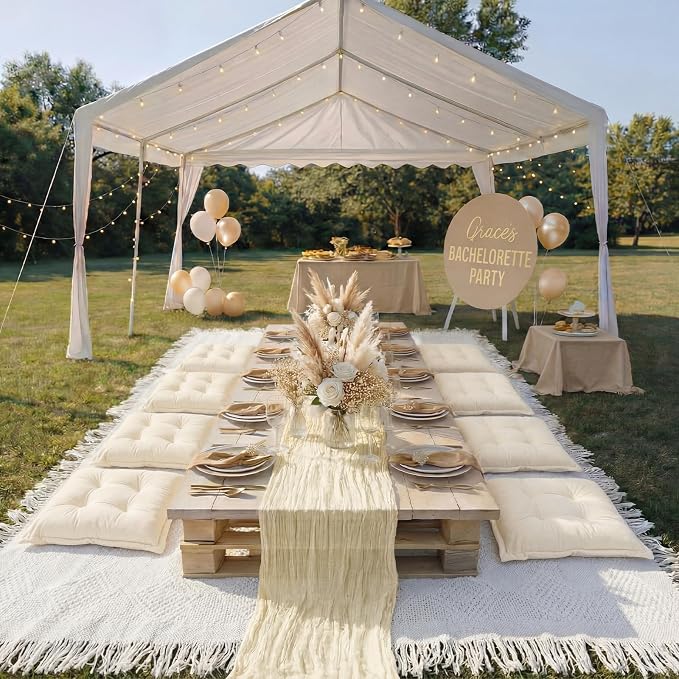 Extra Large Outdoor Picnic Blanket with Table Runner and Floor Pillow Cushion for Picnic Wedding Birthday Baby Shower Backyard Decor(91 x 71'',Light Beige,8 Pcs)