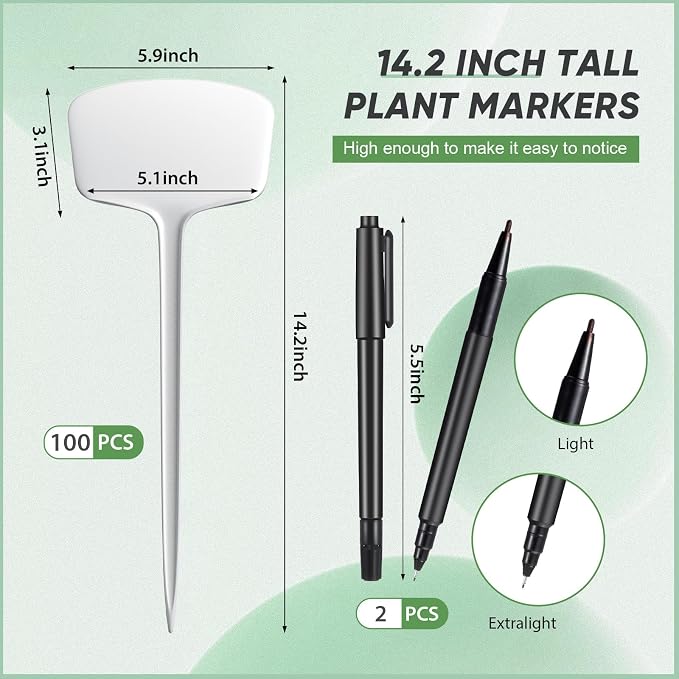 Weysat 100 Pack Outdoor Plant Markers 14.2 Inch Garden Labels with Pen Waterproof T Type Plastic Plant Tags Durable Nursery Garden Markers for Herbs Seed Pot Flowers Vegetable