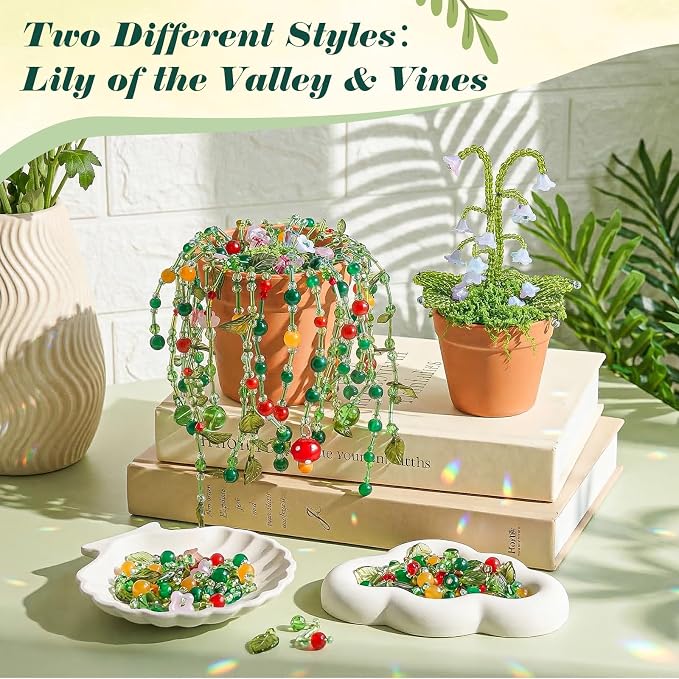 Ecoofor Green Beads Beaded Plant Kit DIY Plant Kit, Green Glass & Crystal Leaf Beads, Video Tutorials, Desk Gifts, Handmade Gifts for Plant Lovers