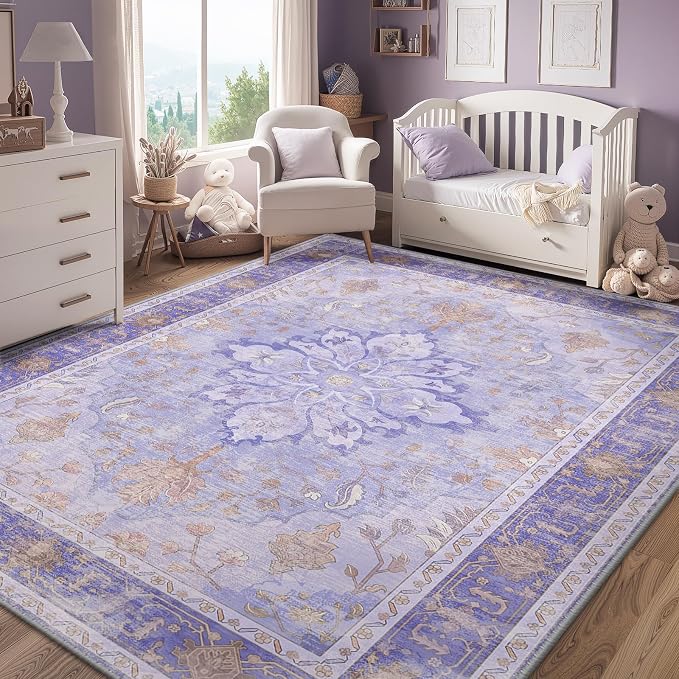 RELEANY Washable Area Rug, Large 9'x12', Purple | Non-Slip, Water Repellent, Pet Friendly, Easy to Clean, Vintage Floral Boho Decor for Living Room Bedroom Dining Room