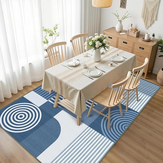 Blue Geometric Area Rug 4x6 for Living Room Rug Machine Washable Minimalist Line Mid Century Modern Rugs Non Slip Low Pile Indoor Floor Carpet for Bedroom Dining Room Laundry Office,Blue