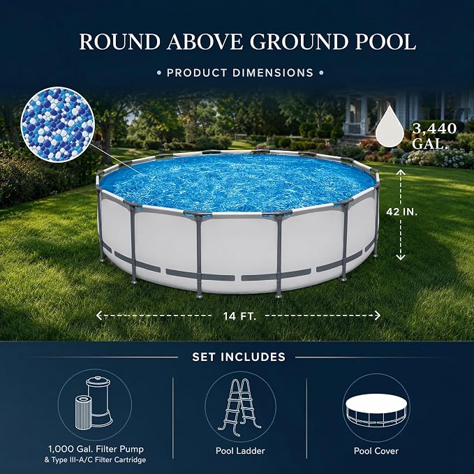 Above Ground Pool 14ft x 42in Steel Frame w/Pump Ladder Cover | 15x48ft, steel frame rust-proof, tool-free setup, 1000gal timer pump, ladder, cover, spare filter. 3-layer PVC liner.