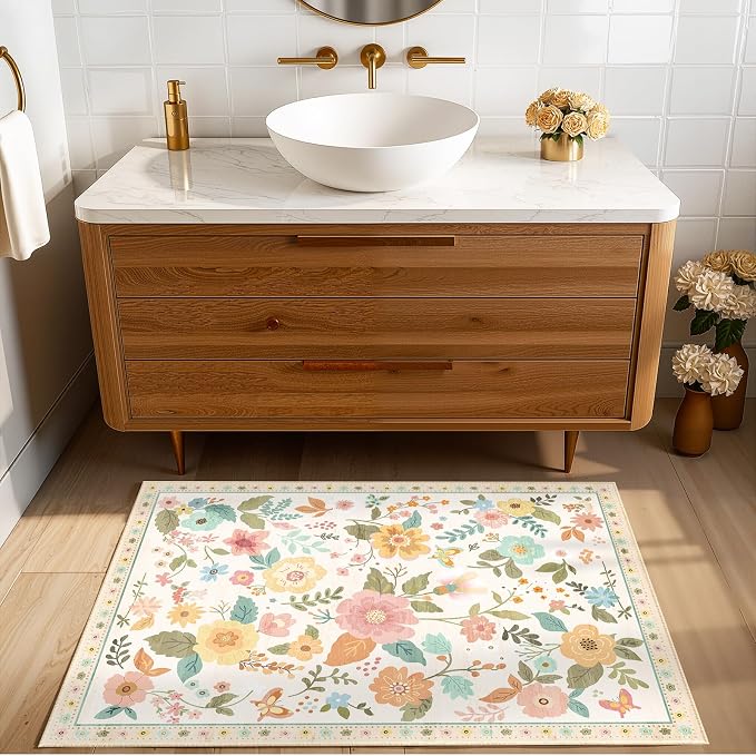 RELEANY Floral Washable 2x3 Area Rugs Doormat Beige/White/Orange | Flower Carpet, Print, Boho, Non-Slip, Easy to Clean, Soft, Low Pile for Living Room Bedroom Kitchen Office Entryway Hallway