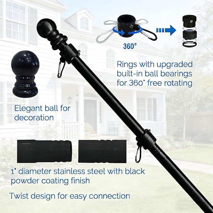 MTB Garden 10ft Black Flag Poles in Ground for Outside, Flagpole Stand for House Ground with 5 Pronges Base