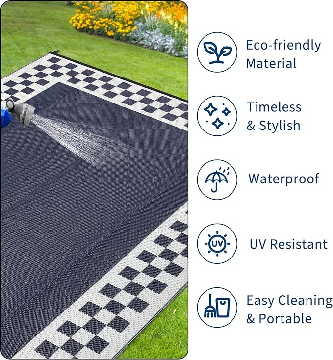 Outdoor Rug 8x10 Waterproof Patio Rugs Modern Geometric Border Reversible Mat for Front Door Rv Foldable Plastic Straw Carpet for Travel Trailers, Deck, Porch, Camper, Balcony, Beach，Blue