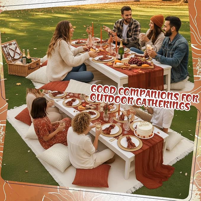 Beeveer 14 Pack Picnic Kit 91 x 71 Inch Extra Large Outdoor Boho Picnic Blanket with Terracotta Table Runner, 6 Throw Pillow Cover 6 Napkin Woven Cotton Yarn Washable Beach Blanket for Camp Wedding