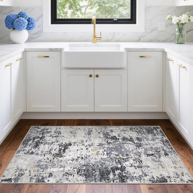 ROYHOME Modern Scalloped Abstract 2x3 Area Rug Non Slip, Black Yellow | Non Shedding Low Pile Stain Resistant Rug for Entryway Kitchen Bedroom