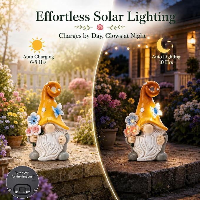 Solar Garden Gnome Statue: Outdoor Figurine with Flower Light | IP65 Waterproof Resin, LED Lighted Butterfly, Yard Lawn Porch Balcony Patio Home Decor, Gifts for Mom Women Grandma