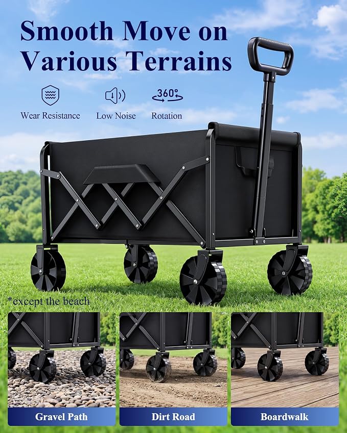 Kitsure Collapsible Wagon with Wheels, Foldable Dog Wagon Carts with 200lbs Load Capacity, Utility Shopping Cart, Black, 28.0" x 17.0" x 36.0"