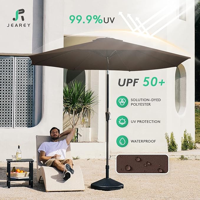 JEAREY 9FT Outdoor Patio Umbrella Outdoor Table Umbrella with Push Button Tilt and Crank, Market Umbrella 8 Sturdy Ribs UV Protection Waterproof for Garden, Deck, Backyard, Pool (Brown)