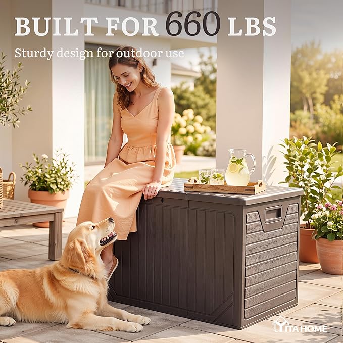 YITAHOME 230 Gallon Extra Large Outdoor Storage Box, Waterproof Double-WallDeck Box with Hydraulic Piston for Garden Tools, Pool Accessories & Cushions, Resin Deck Organizer with Bench Seat(Brown)