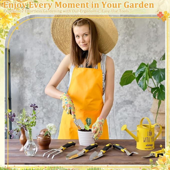 Blueweenly 9 Pcs Watering Can Garden Tools Kit with Bible Verse Christian Gardening Gifts for Women with Heavy Duty Garden Hand Tools 1.6L Galvanized Metal Can Apron Gloves for Mom Grandma(Yellow)