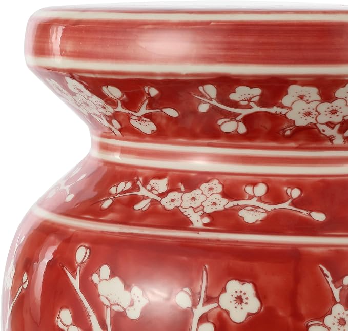 JONATHAN Y Cherry Blossom Ceramic Garden Stool 17.75" Chinoiserie Floral Drum Side Table for Patio and Living Room, Indoor Outdoor Plant Stand, Traditional, Red/White TBL1017B