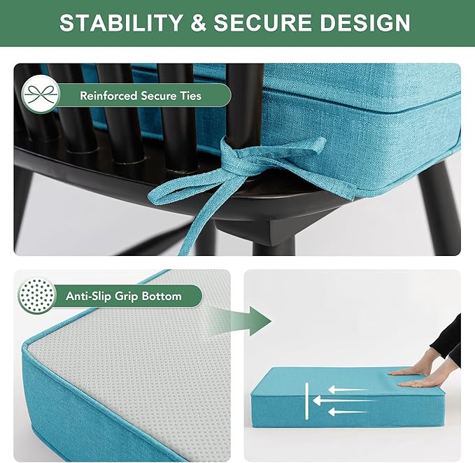 Summsun Faux Linen Outdoor Chair Cushions, Water Resistant Backrest and Deep Seat Cushion Set with Removable Cover, Straps, Non-Slip Bottom for Patio Furniture, 24 x 24 Inch, Teal