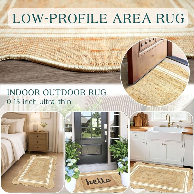 Boho Scalloped Outdoor Rug, 28"x43" Front Door Mat Indoor Entrance | Non-Slip Washable Outdoor Mat Jute-Look Neutral Farmhouse Rugs for Entryway Kitchen Bedroom Layered Doormat for Front Porch