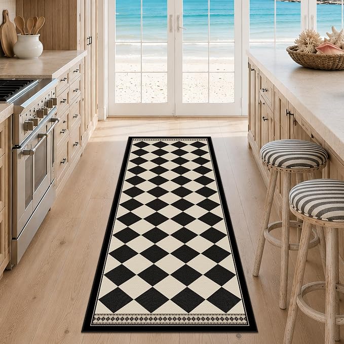 Easy Jute Washable Checkered Runner Rug, Non Slip Entryway Checkerboard Rug Runners 2x6, Black and Brown Boho Diamond Carpet for Kitchen Laundry Hallway, Stain Resistant Indoor Outdoor Home Décor