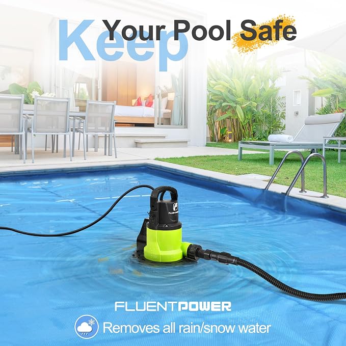 FLUENTPOWER Automatic Pool Cover Pump, 3/4HP 3400GPH Submersible Above Ground Water Removal Pump with Check Valve Adapter, 26FT Power Cord for Pool, Hot Tub, Rooftop, Water Bed, Basement Draining
