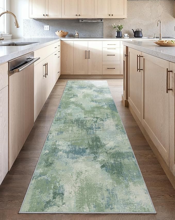 Runner Rugs for Hallway 2'6"x10', Modern Abstract Machine Washable Runners for Kitchen Entryway Bathroom Bedroom Laundry RoomLow Pile Lightweight Thin Non Slip Runner Rug, Green
