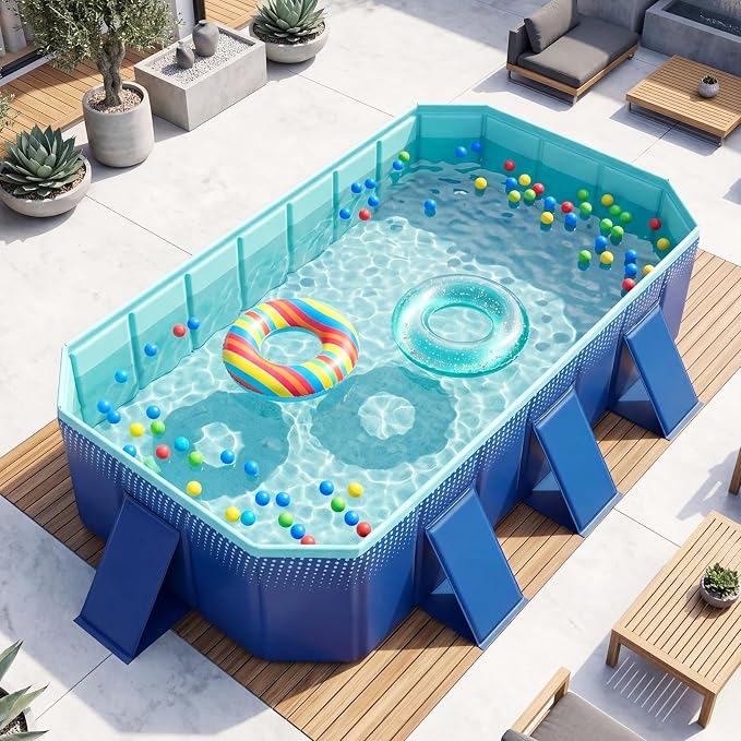 Goplus Foldable Non-Inflatable Swimming Pool, Portable Rectangle Around Ground Pool with 24 Hard Shell, Drain Hose, Outdoor Collapsible Kiddie Pool for Backyard Garden (Navy+Green,99x52 in)