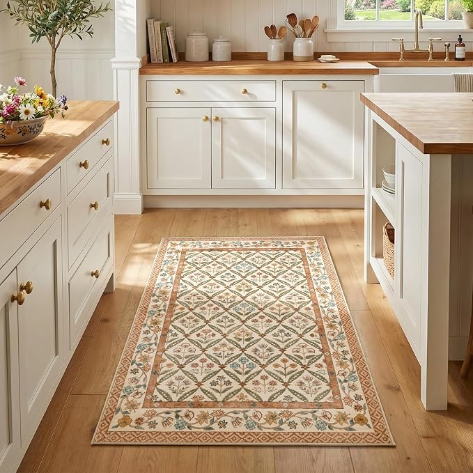 jinchan Vintage Floral 3x5 Washable Entryway Accent Area Rug, Terracotta | Soft & Lightweight, Checkered Floral, Low Pile, Non Slip, Entrance, Kitchen, Bedside, Girls Dorm, Cottage Decor