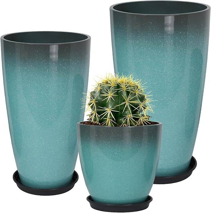 Neoaider Set of 3 Tall Planter, 24/21/12in Large Plastic Planter, Sky Blue | Ceramic-Look, Lightweight, Built-in Drain Hole, Saucers, Tall Outdoor Planter for Porch, Garden, Patio, Balcony