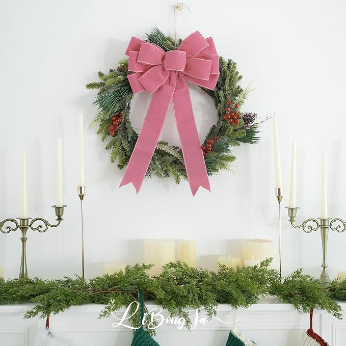 13" Dusty Rose Pre-Tied Velvet Bow For Christmas Tree, Pink Bow For Wreaths, Wedding, Premade Bows with Twist Tie, Tree Toppers Bows for Party Favor, Christmas Home Indoor Outdoor Decor-1 PCs