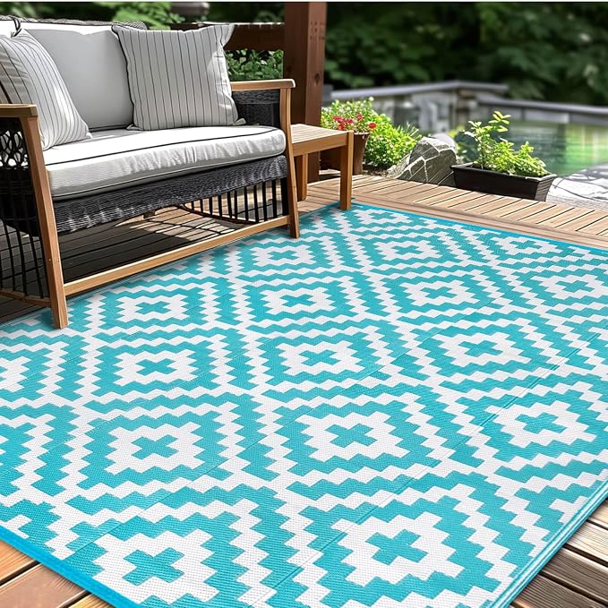 Outdoor Patio Plastic Straw Rug - 6x9 ft Outdoor Camping Rug Waterproof Reversible, Area Carpet Patios RV, Outside Porch Balcony Deck for Camper, Blue & White