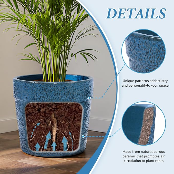Ceramic Planters Set of 3, 15/12/9 Inch Indoor & Outdoor Large Plant Pots with Drainage Hole, Handmade Speckled Glaze Decorative Flower Pots for Indoor Plants, Patio & Garden, Antique Blue