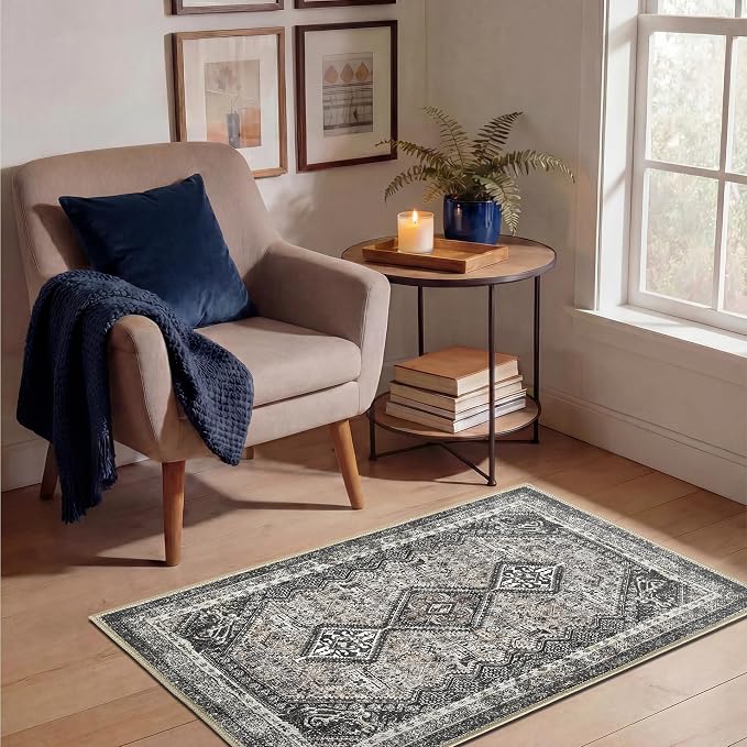 Keen Home Design Vintage Washable Entryway Rug, Non-Slip Low Pile, 2x3 | Machine Washable Cotton Chenille, 0.25In Low Pile, Rubber Non-Slip Back; Kitchen, Entryway, Bathroom, Bedside