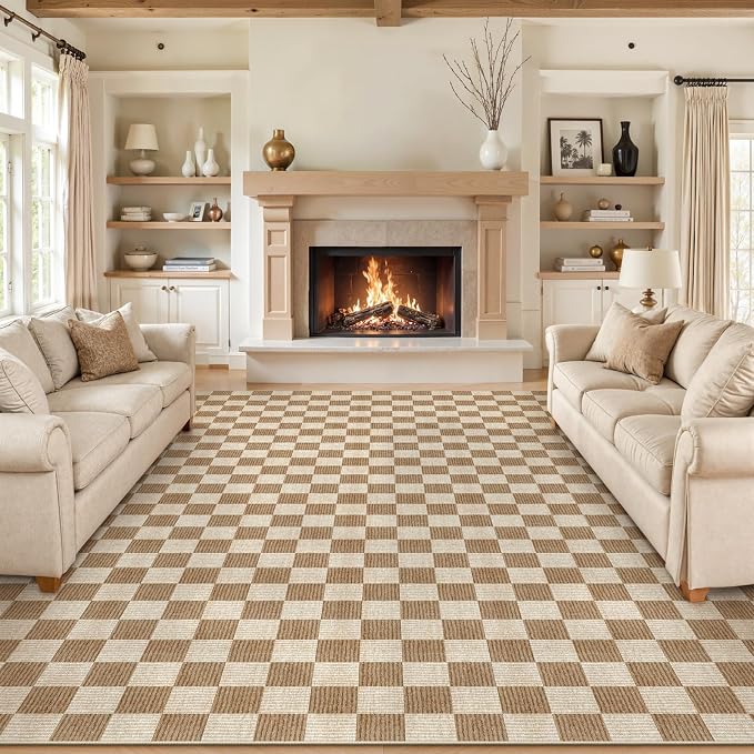 LIVEBOX 10x14 Area Rugs for Living Room, Checkered Non-Slip Washable Rugs, Farmhouse Neutral Classic Geometric Pattern Large Boys Area Rug for Bedroom, Carpet for Dining Room Office (Brown,10'x14')