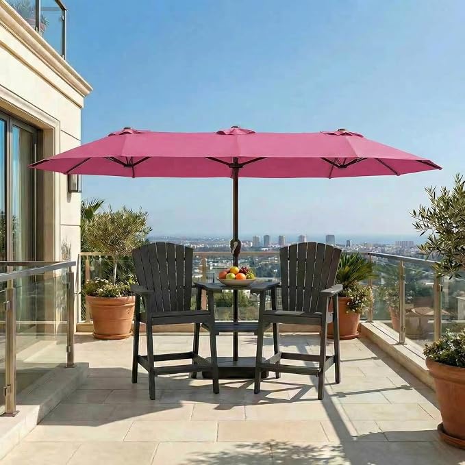 15FT Large Patio Umbrella with Base Included, Double Sided Outdoor Market Umbrella with Flexible Fiberglass Ribs, UV-Blocking Extra Large Umbrella for Garden, Pool, Deck, Rose Pink