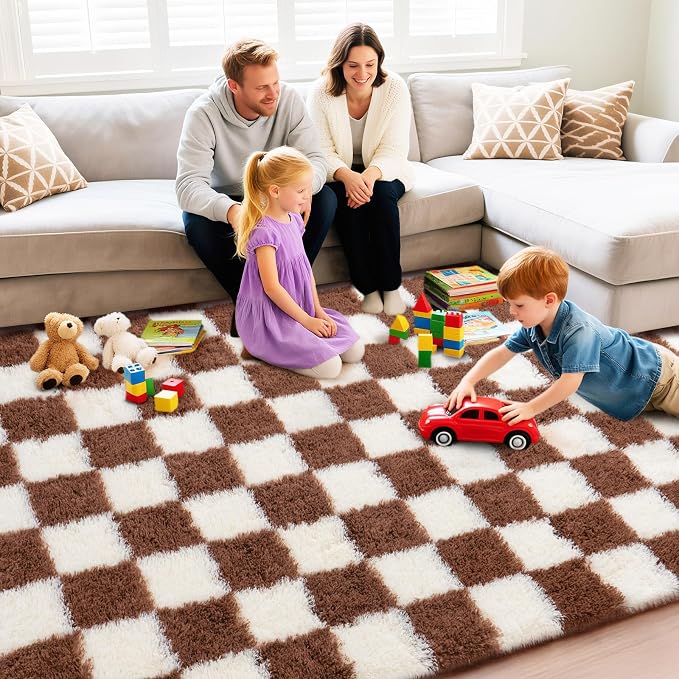 Checkered Rug for Living Room 8x10, Ultra Fluffy Fuzzy Shag Large Area Rug for Bedroom, Modern Plush Soft Upgrade Non-Slip Carpet for Kids Girls and Boys Room Dorm Home Decor, Cream and Coffee