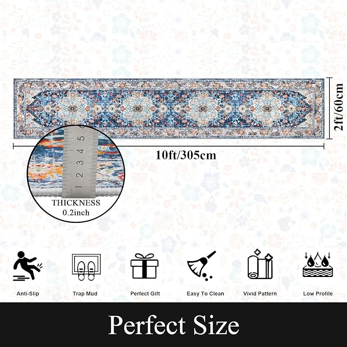 U'Artlines 2' x 10' Boho Hallway Runner Rug, Non Slip Washable Vintage Farmhouse Accent Area Rug Carpet for Kitchen Entryway Laundry and Living Room (Blue) | Vintage Farmhouse Kitchen Rug Accent Area Carpet for Entryway Laundry and Living Room