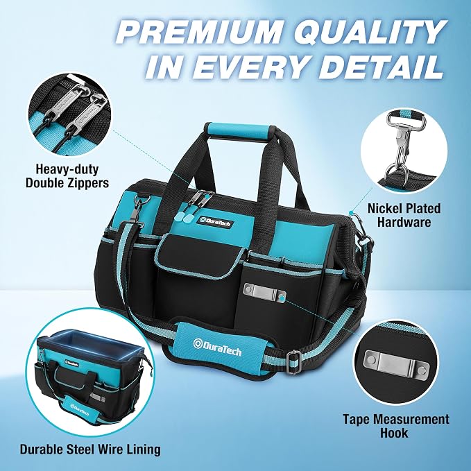 DURATECH 18-Inch Large Tool Bag with Waterproof Hard Bottom, Tool Bags for Men Heavy Duty with 19 Pockets, Wide Open Mouth Toolbag for Electricians Mechanic Plumber HVAC