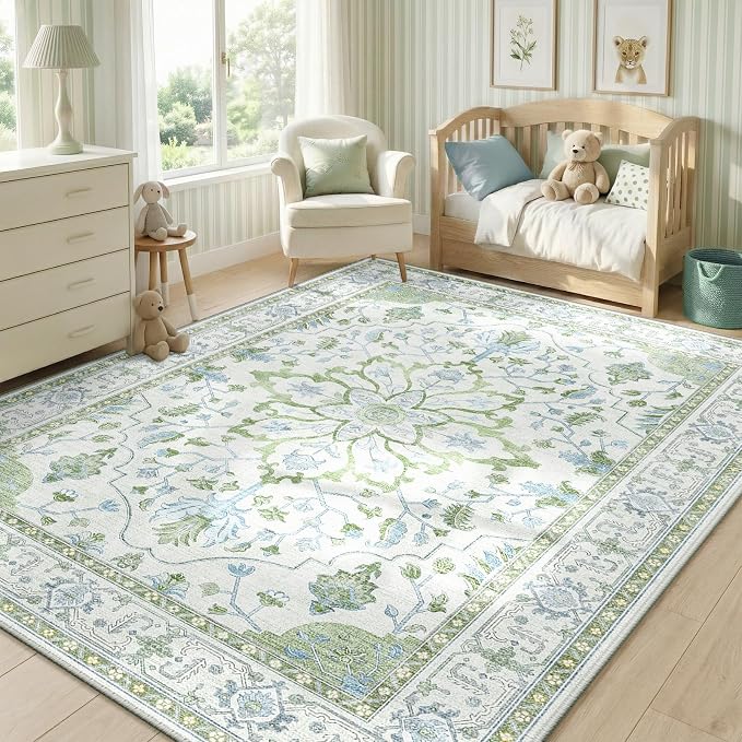 RELEANY Washable Area Rug, 5'x7', Green/White/Blue | Non-Slip, Water Repellent, Pet Friendly, Easy to Clean, Vintage Floral Boho Decor for Living Room Bedroom Dining Room Office